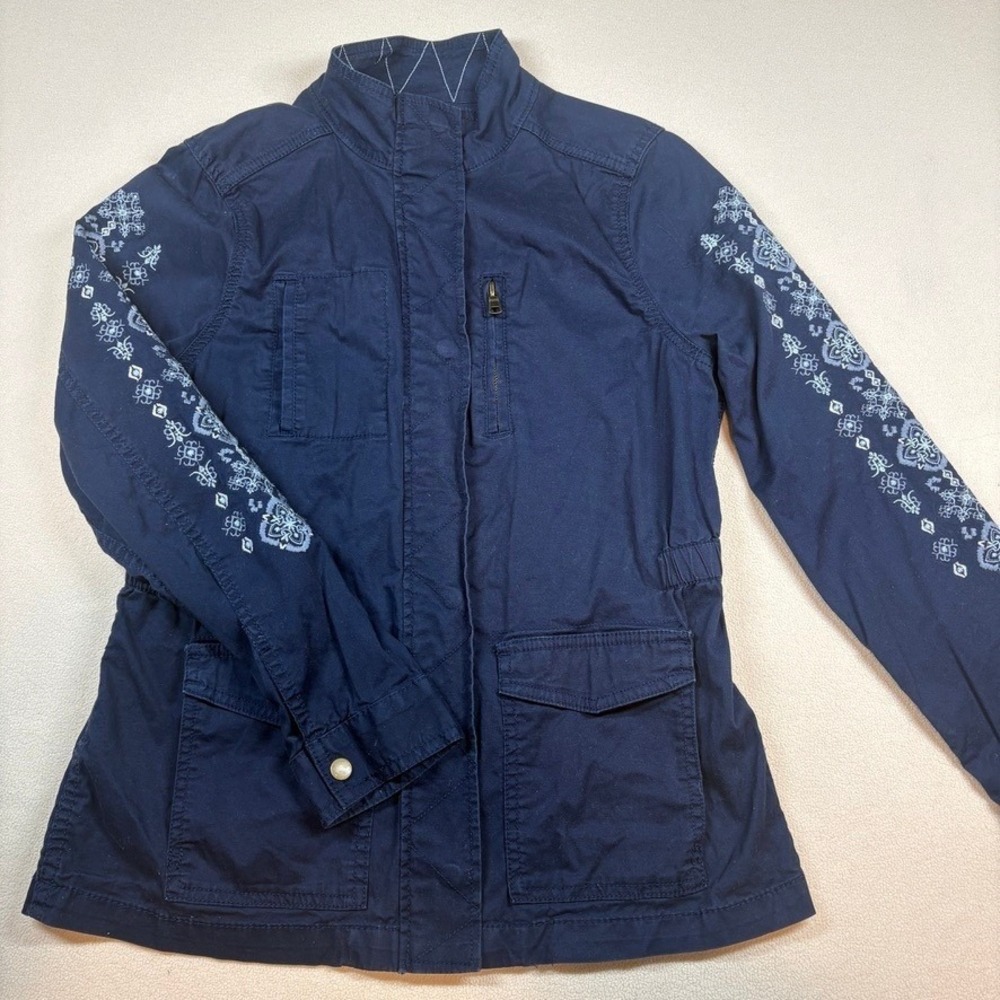 Sonoma Womens Structured Utility Jacket Sm Navy Embroidered Zip Up Boho-Chic